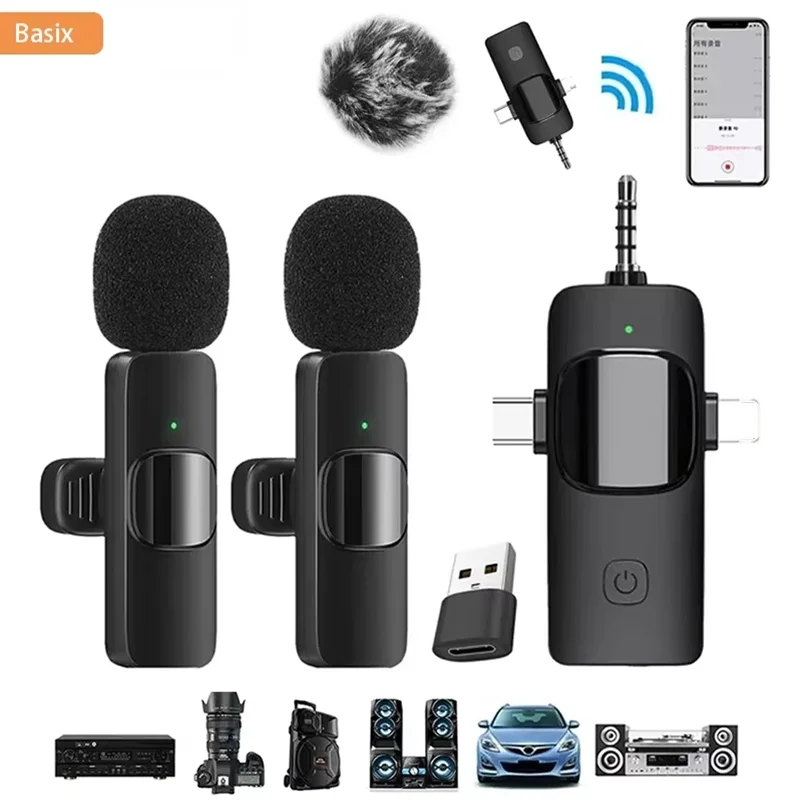 Basix Professionelles 4-in-1-Wireless-Lavalier-Mikrofon für iPhone und Android, 3,5 mm, für Live-Aufnahmen, Mini-Mikrofon mit Geräuschunterdrückung Image