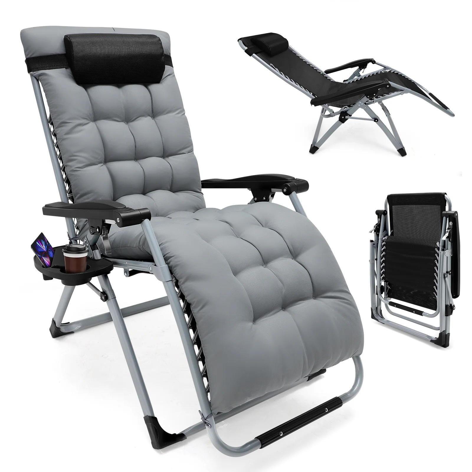 Chaise longue pliante zéro gravité 72 cm, chaise de jardin grande taille avec coussin en coton pour jardin, terrasse extérieure, chaise longue de jardin, capacité de charge 160 kg