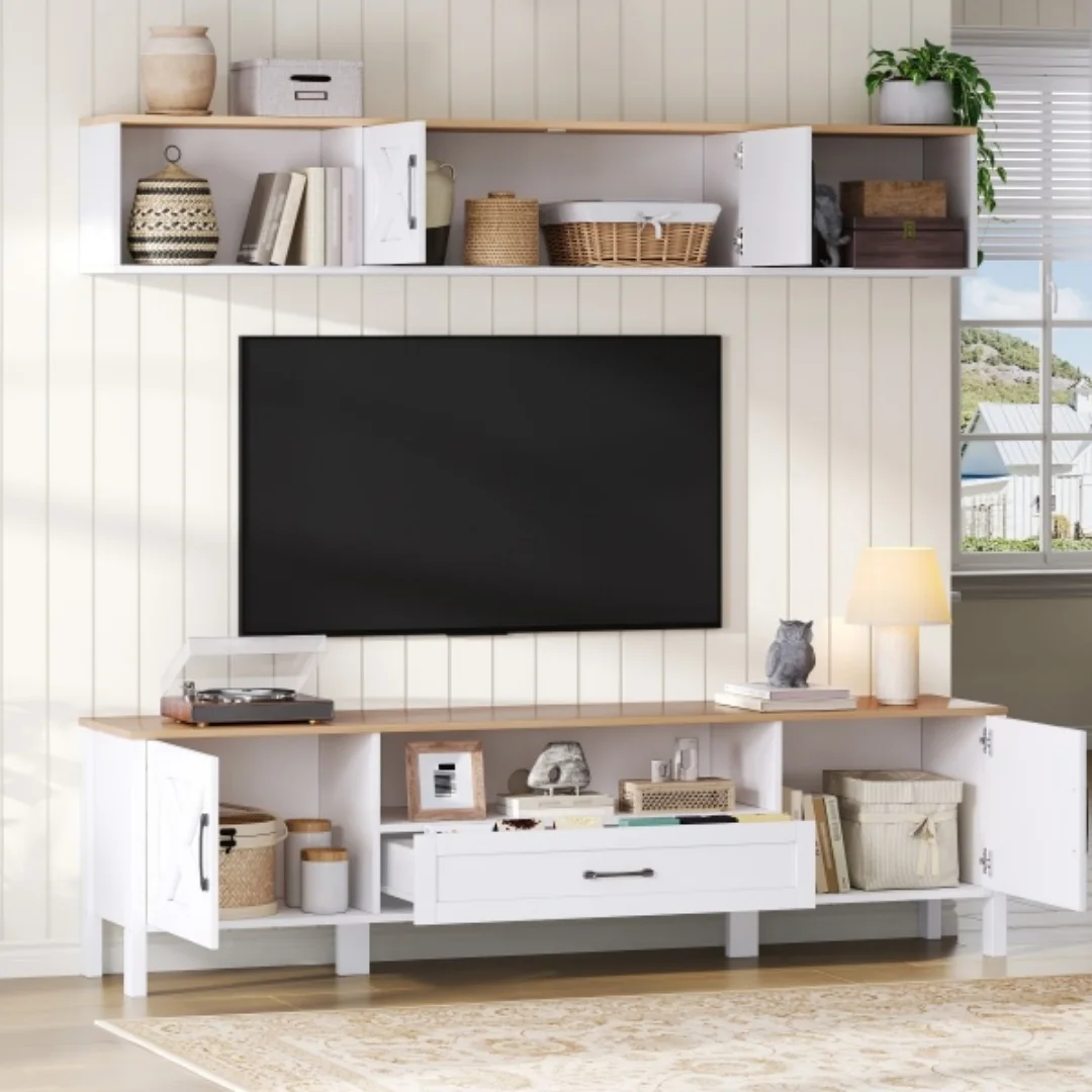 Ensemble de meubles TV 180*40*50cm (ensemble complet, 2 pièces), meuble TV + vitrine suspendue, ensemble de meubles multimédia, ensemble de meubles TV pour salon avec 4 compartiments