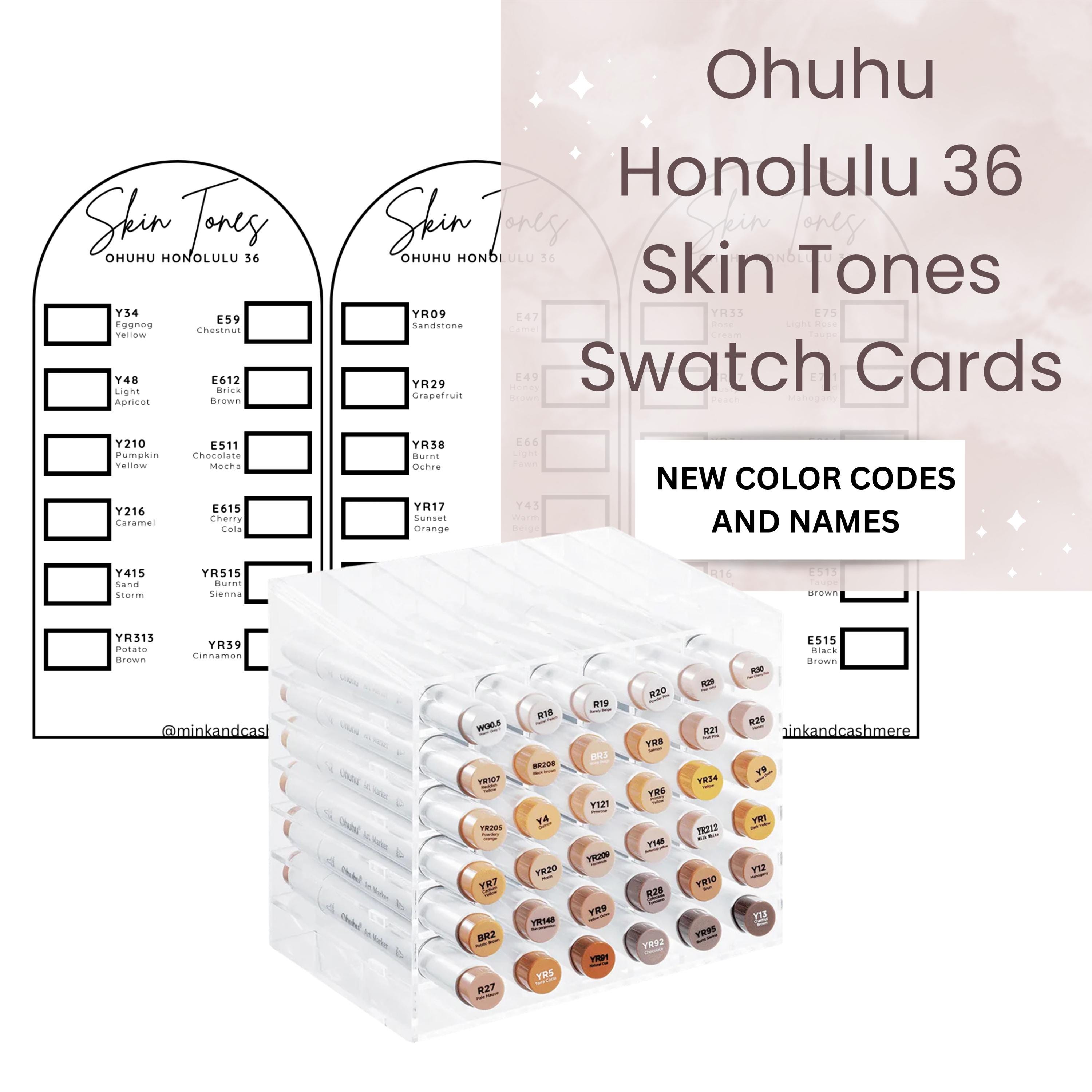 Modello di schede campione di 36 tonalità di pelle Ohuhu Honolulu, NUOVI codici colore, download immediato di PDF, tabella dei colori organizzata fai