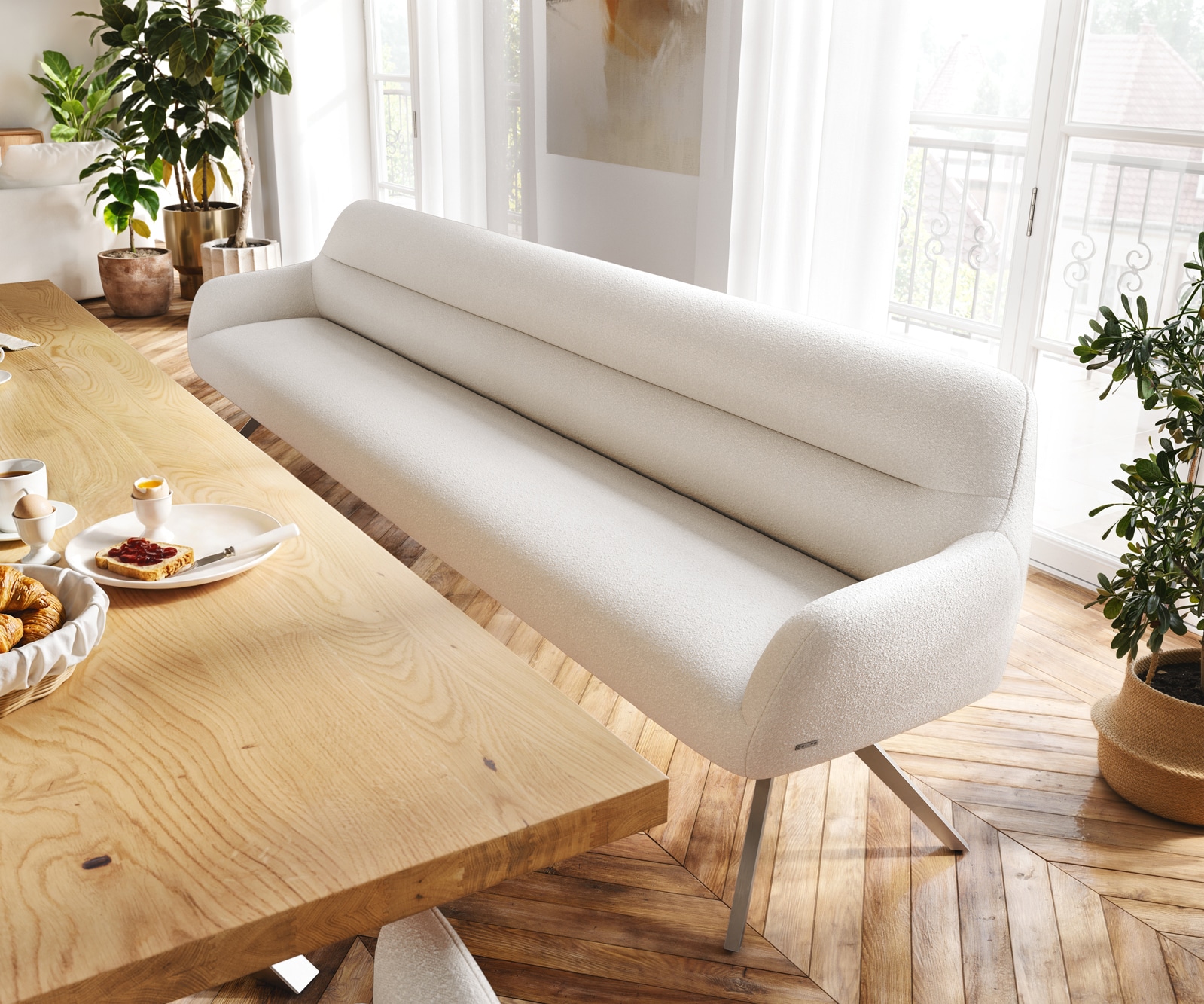 DELIFE Esszimmerbank Taya-Flex 300 cm Bouclé Creme-Weiß Kreuzgestell kantig Edelstahl Taschenfederkern, Bänke Image