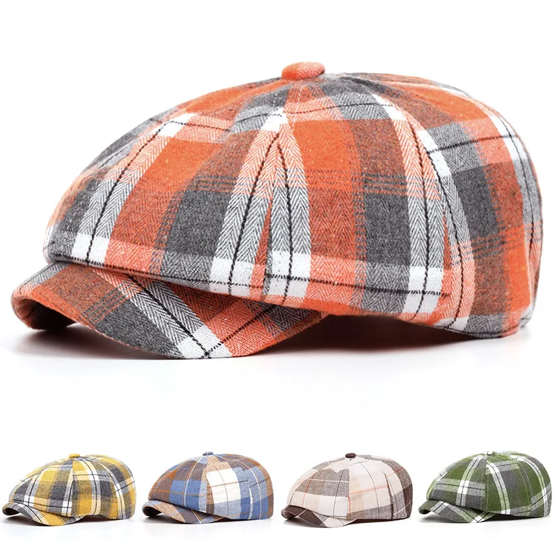 1 Stück lässige, farblich abgesetzte, karierte Baskenmütze für Männer und Frauen, künstlerische Forward-Mütze, dünnes Design, britische Retro-Newsboy-Mütze für Frühling und Sommer Image