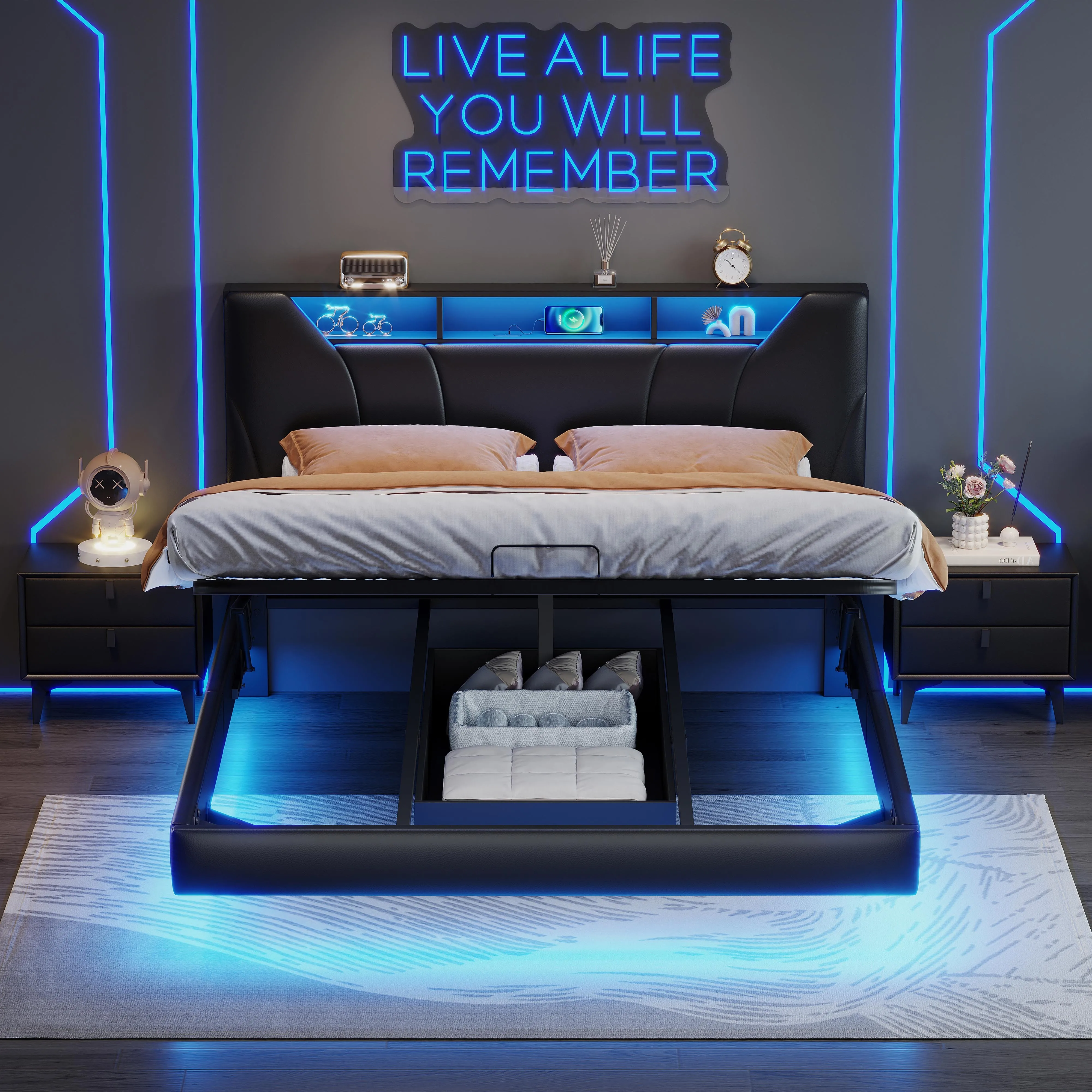 Comanlai Schwebendes Bett, PU-Material, Kopfteil mit LED-Beleuchtung & Stauraum, Stauraumbett, mit Hydraulikstange & Lattenrost Image