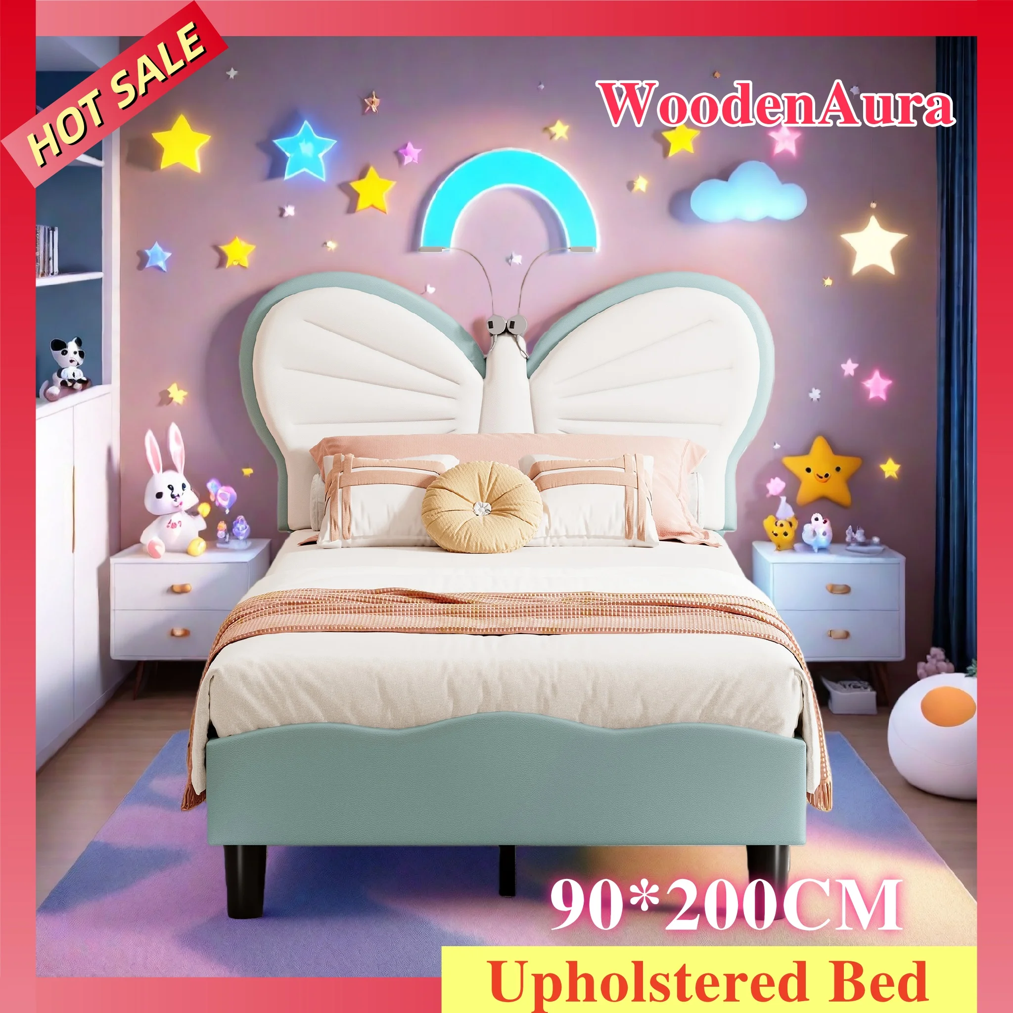 WoodenAura 90x200cm Kinderbett mit LED-Leselampen, Schmetterlingsdesign mit verstellbarem Kopfteil, Jugendbett, PU, Blau Image