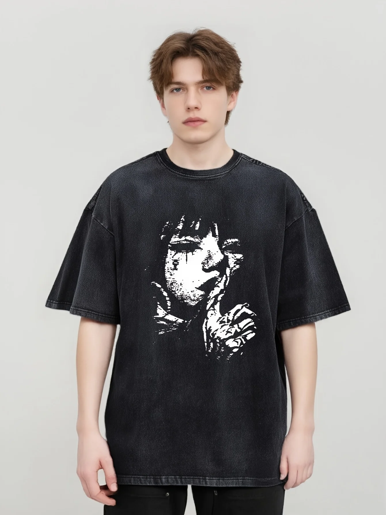 Herren Sommer Schwarzes Gewaschenes 100% Baumwoll-T-Shirt Retro Street Style Harajuku Hip-Hop-Stil Locker Kurzarm Lässig Atmungsaktiv Image
