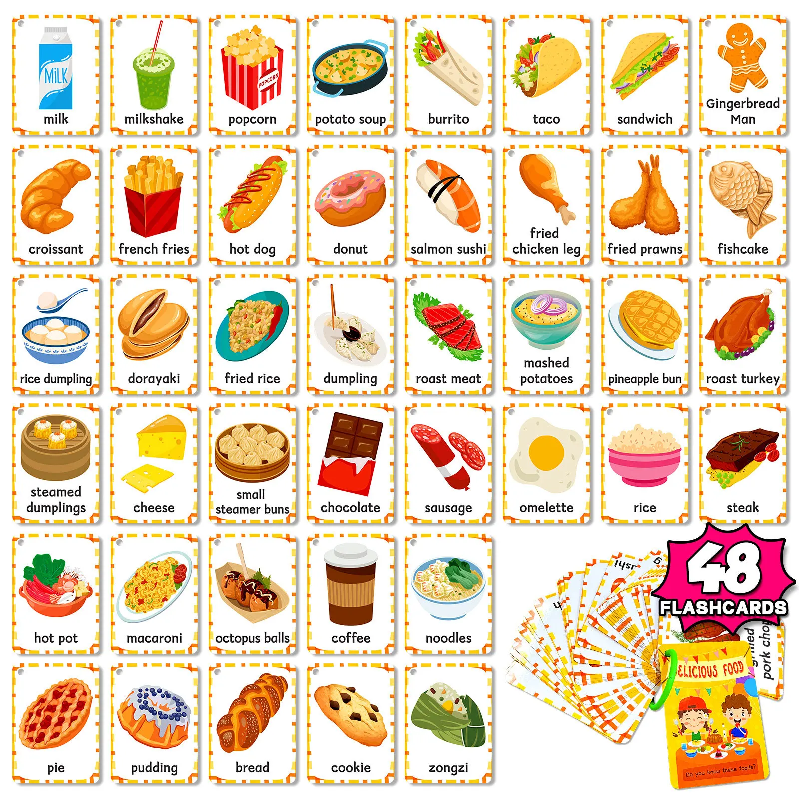 Bview Art 48 Lernkarten zum Thema Essen für Kleinkinder, Eltern-Kind-Zeit für gemeinsame Aktivitäten, frühkindliches Lernspielzeug zur kognitiven Entwicklung Image