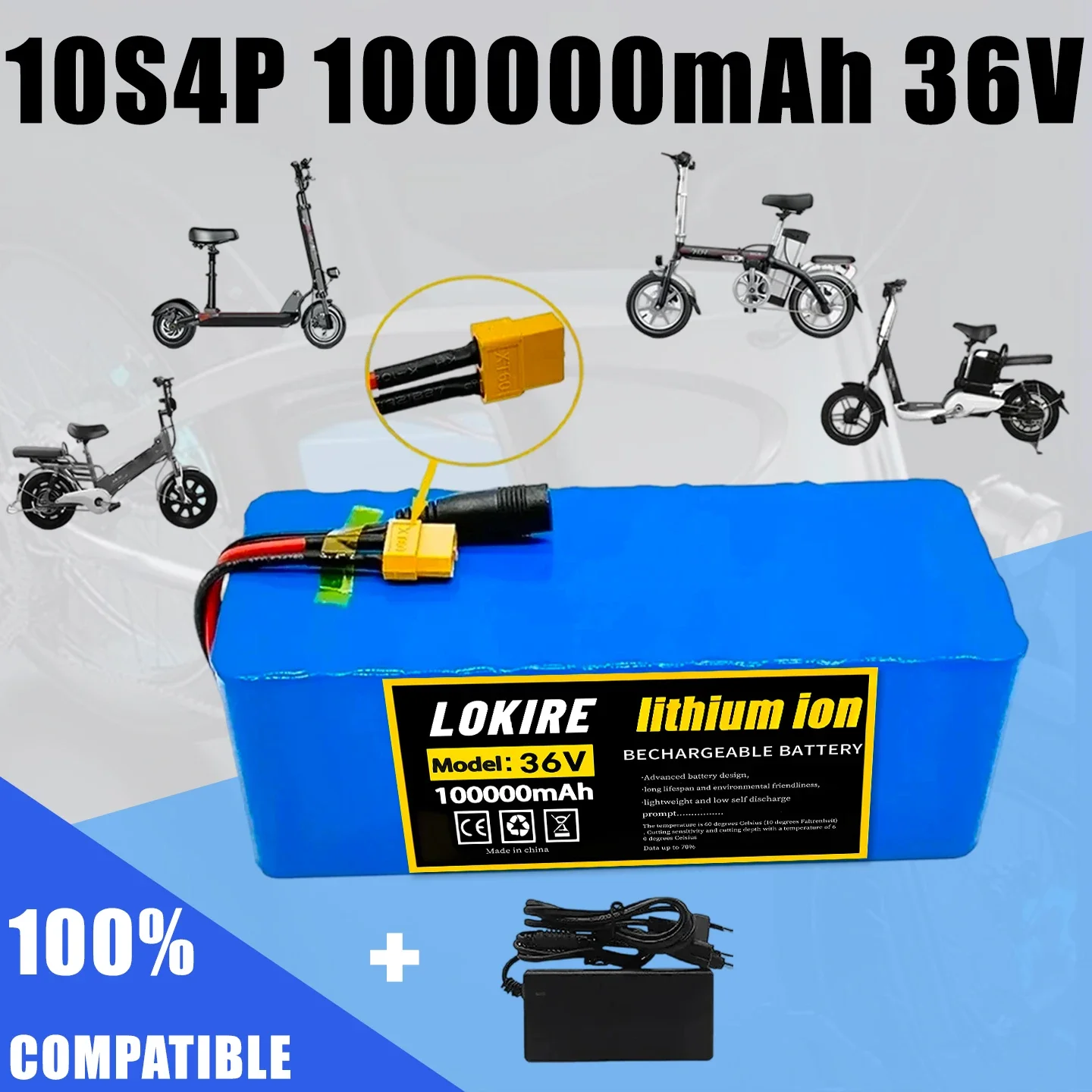 36V Akku 13600mAh tatsächliche Kapazität 10S4P XT60 18650 Lithium-Ionen-Akku 13,6Ah 500W 1000W für 42V E-Bike BMS 2A Ladegerät Image