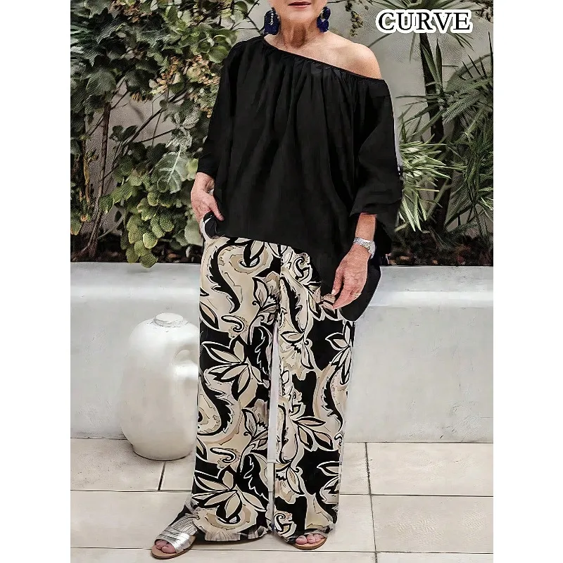 Plus Größe Neue Stil frauen Mode Zwei Stücke Set frauen Mode Temperament einfarbig Lose Breite Hülse Gedruckt hosen Image