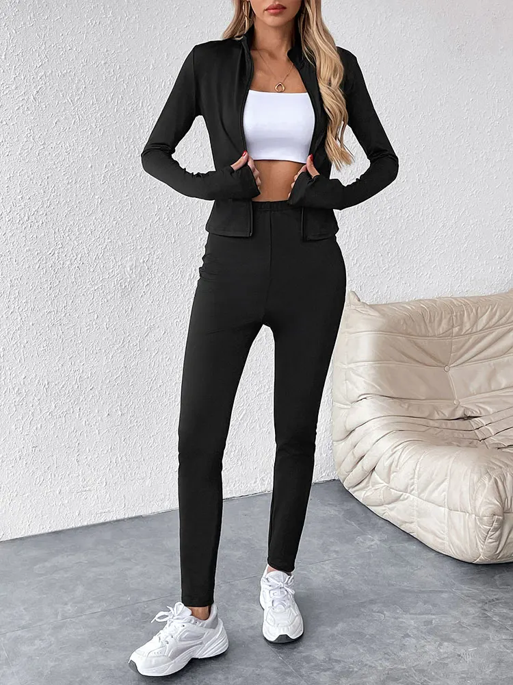 Frühling Damen T-Shirt Slim Hose 2-teilig Neue Streetwear Mode Reißverschlüsse Langarm-Shirts Schwarz Sexy Lässige Schlanke Hosen Set Image