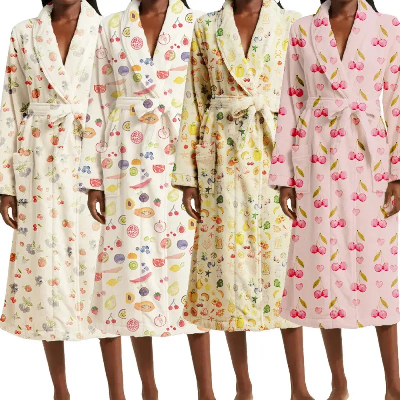 Frau Obst Druck Nachthemd Herbst Winter Neue Ankunft Verdickte Lange Spitze-Up Robe Bademantel Langarm Loungewear Mit riemen Image
