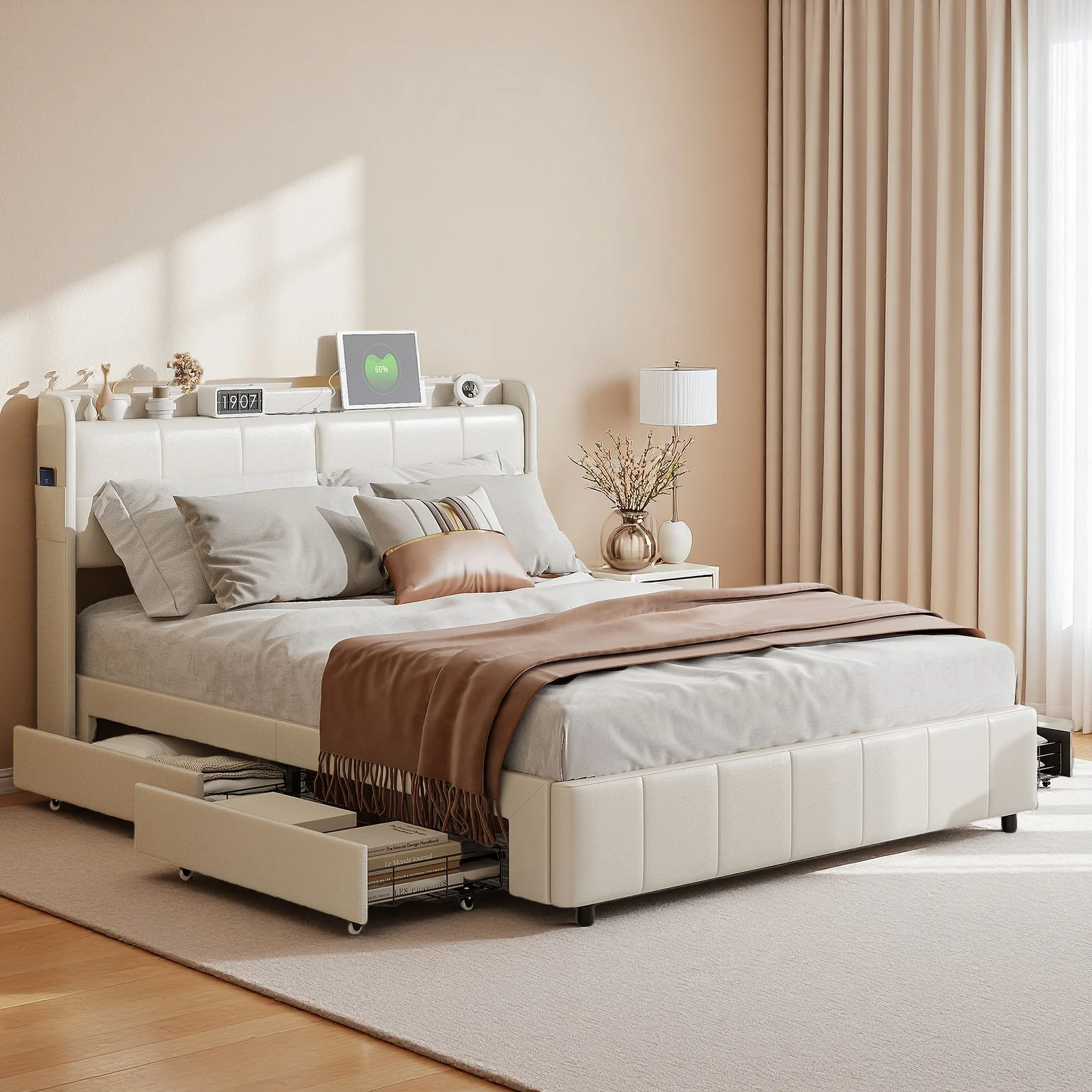 Anajqaqia Polsterbett, Doppelbett mit 4 Schubladen und USB-Ladeanschluss, PU-Leder-Kopfteil, Weiß, 160x200cm Image