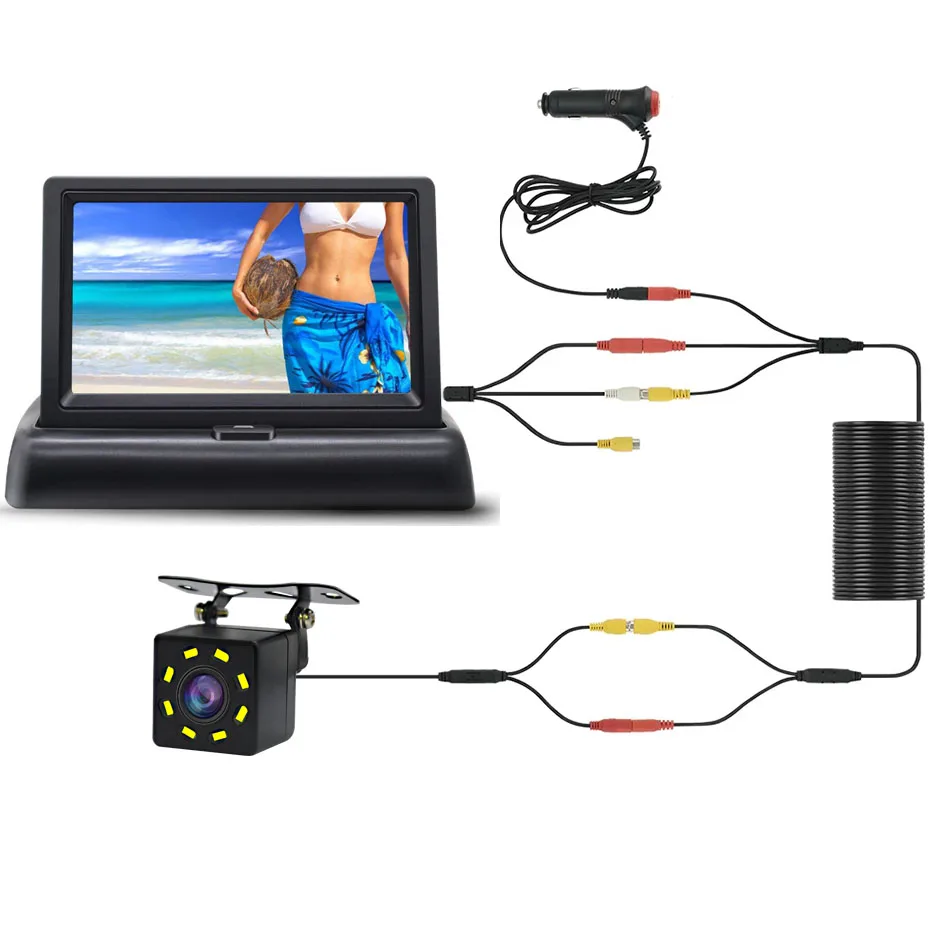 4,3 Zoll TFT LCD HD Bildschirm Klappbarer Auto-Monitor mit Rückfahrkamera 8 LED-Rückfahrkamera für Fahrzeugparken Einfache Installation
