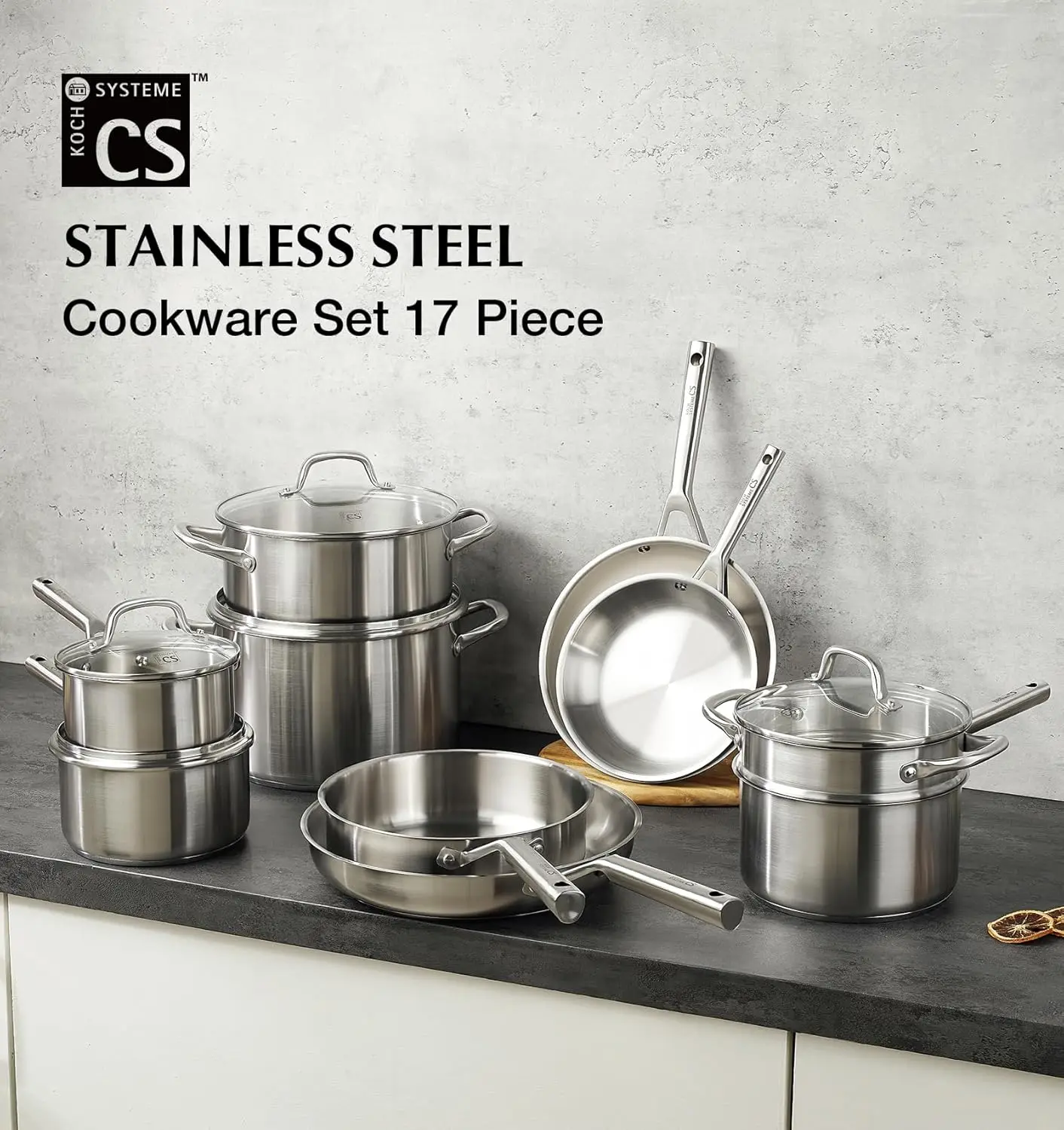 Edelstahl-Kochgeschirr-Set 17-teilig, Professionelles 18/10 Edelstahl-Töpfe-und-Pfannen-Set, 5-Schicht-Boden, Ofen- und Induktionsgeeignet Image