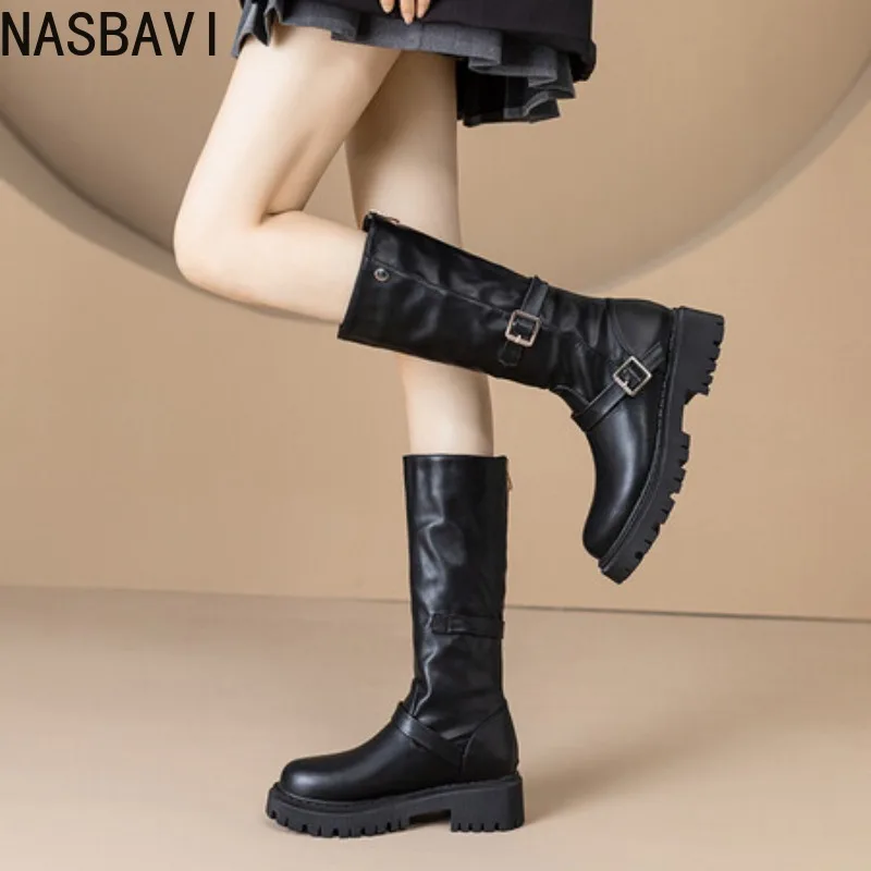 NASBAVI Botas De Mujer 2025, neue dicke High Heels, schwarze kniehohe Stiefel, Damen-Herbst-Winter-Plattform, Gothic-Schuhe, große Größe 34–44