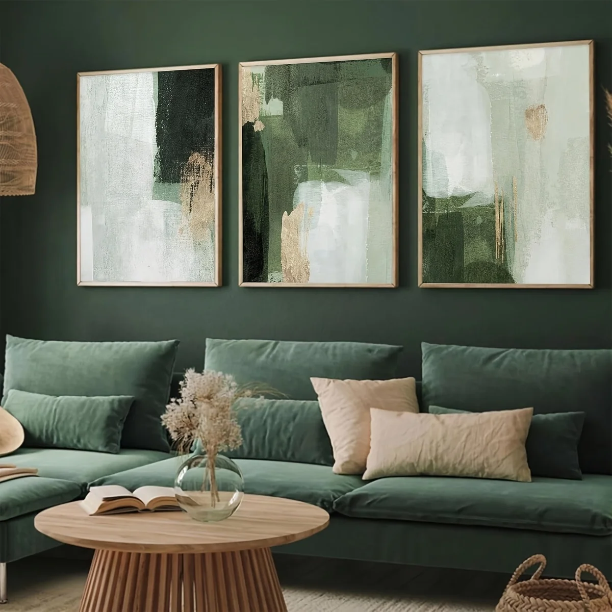 Abstrakte Wandkunst in Grün und Gold, bestehend aus einem Triptychon moderner geometrischer Designs, die ungerahmtes zeitgenössisches Grün darstellen