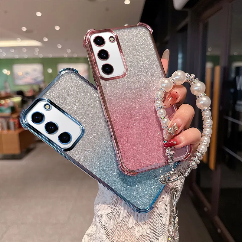 Gradient Glitter Stoßfeste TPU-Handyhülle mit luxuriösem Perlenketten-Handschlaufenband für Samsung Galaxy S23 Plus FE Ultra Rückseite. Image