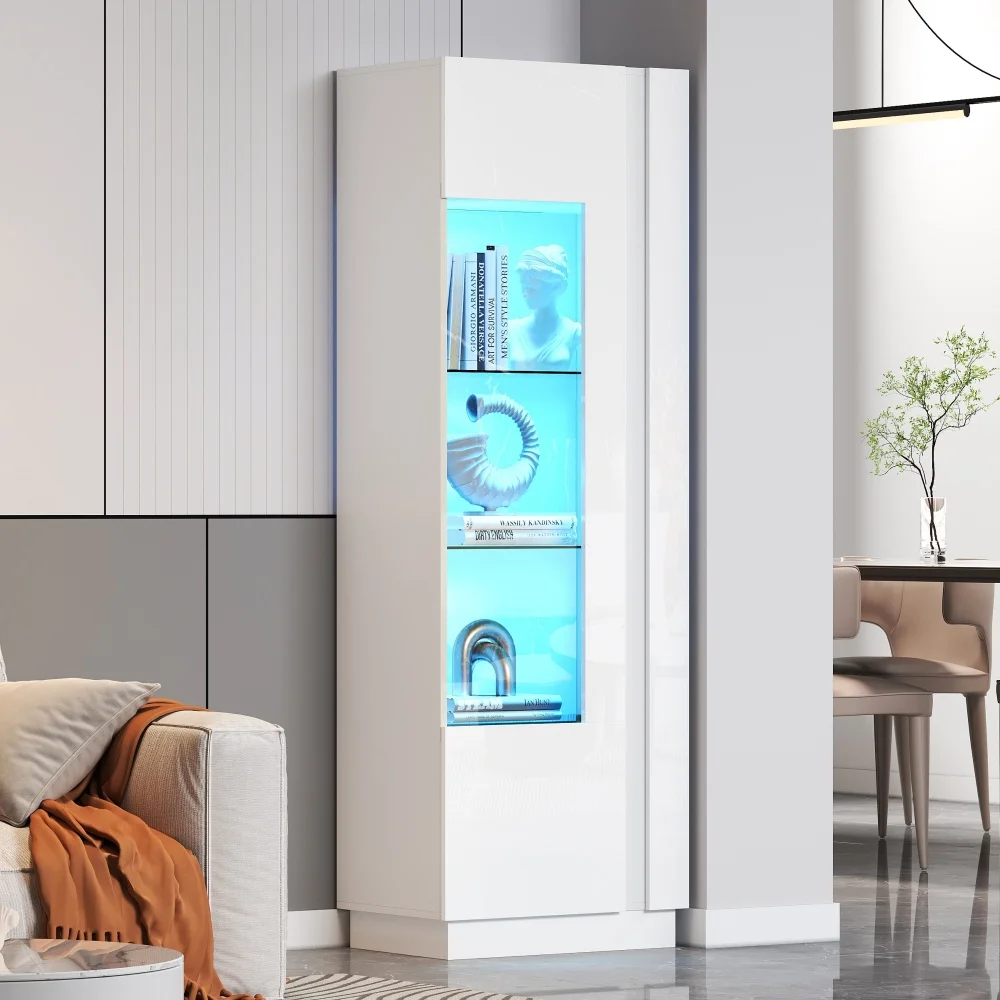 Weißer Hochglanz-LED-Beleuchteter Aufbewahrungsschrank Moderner Acrylglas-Vitrinenschrank mit 3 Glasregalen Seitenschrank