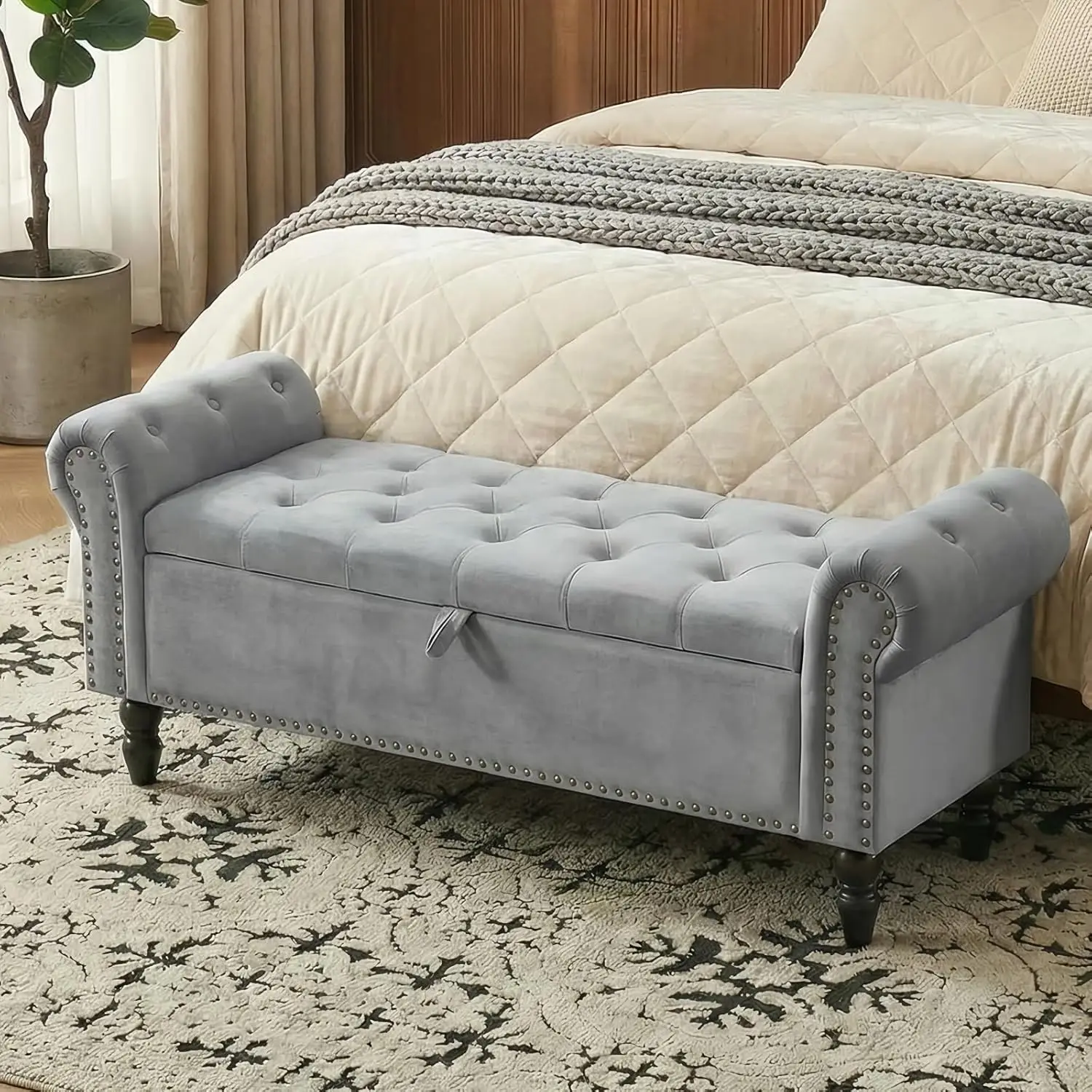 Aufbewahrungs-Ottoman-Sitzbank, Samt-Sitzbank für das Bettende mit Massivholzbeinen, gepolsterte Ottoman-Sitzbank mit Stauraum, Indoor-Sitzbank