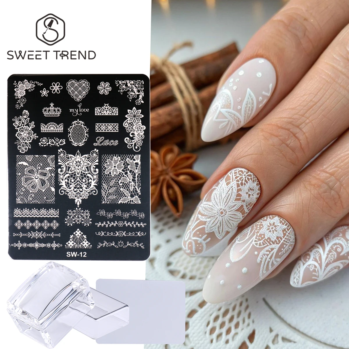 Hochzeits-Spitzenblumen Nagelstempelplatte Elegantes Herz Krone Rose Ranken Motiv Druckform mit Werkzeug Maniküre Zubehör Image