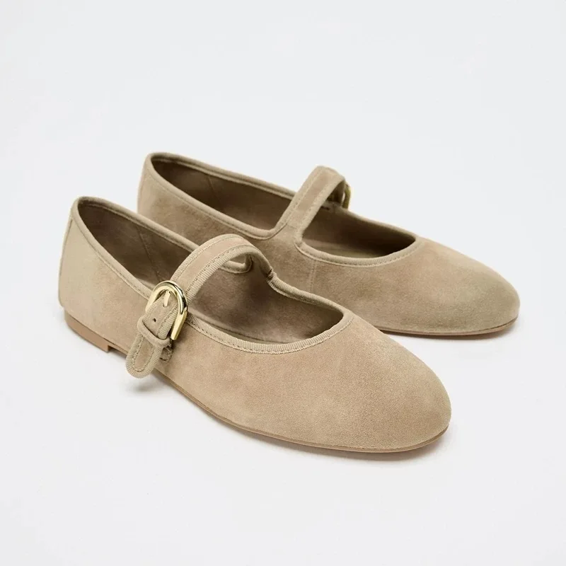Mary Jane Schuhe Damen Vintage Wildleder Bequeme Runde Zehenkappe Schnallenverschluss Rutschfest 2026 Herbst Braun Retro Büro Ballerinas