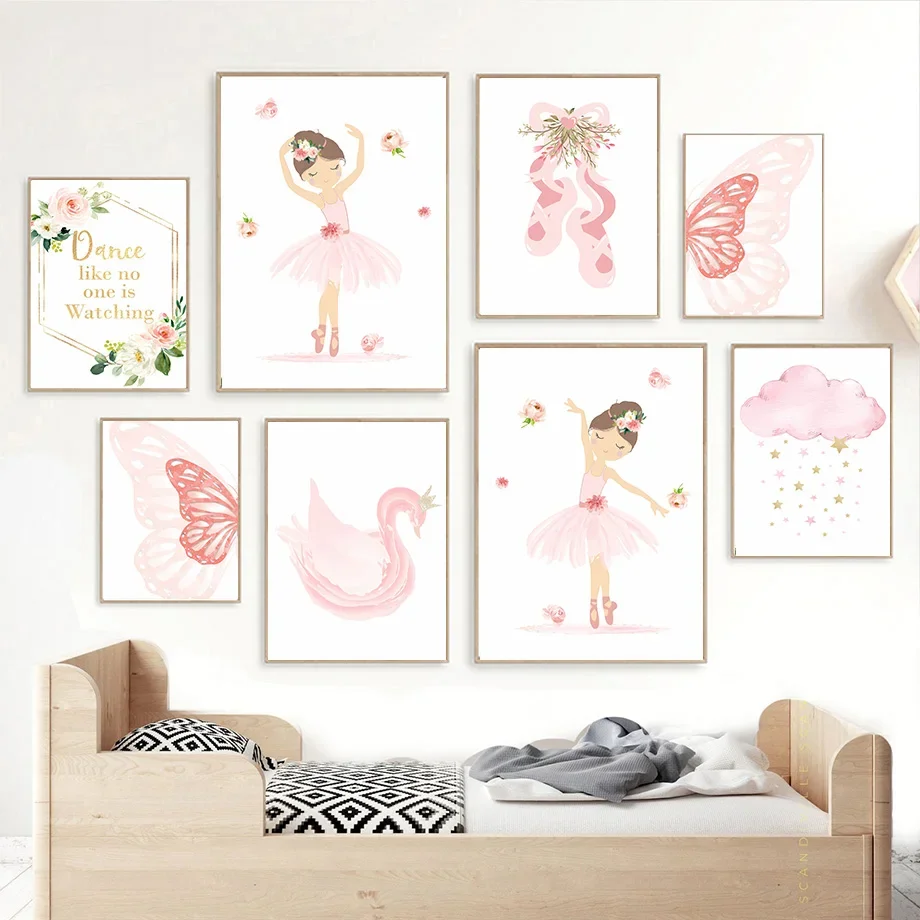 Rosa Ballett-Mädchen Schuhe Schmetterling Schwan Mond Wolke Zitate Kinderzimmer Wandkunst Drucke Poster Leinwandgemälde Bilder Kinderzimmer Deko