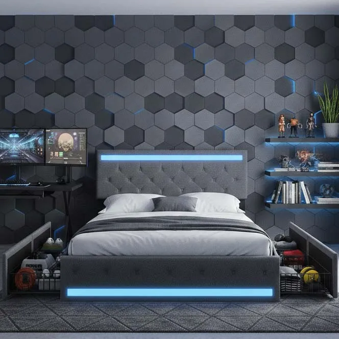 LED-Bettgestell 140x200 cm, weich, 4 Schubladen auf Rollen, USB/Typ-C-Anschlüsse, RGB-Atmosphäre mit Fernbedienung Image