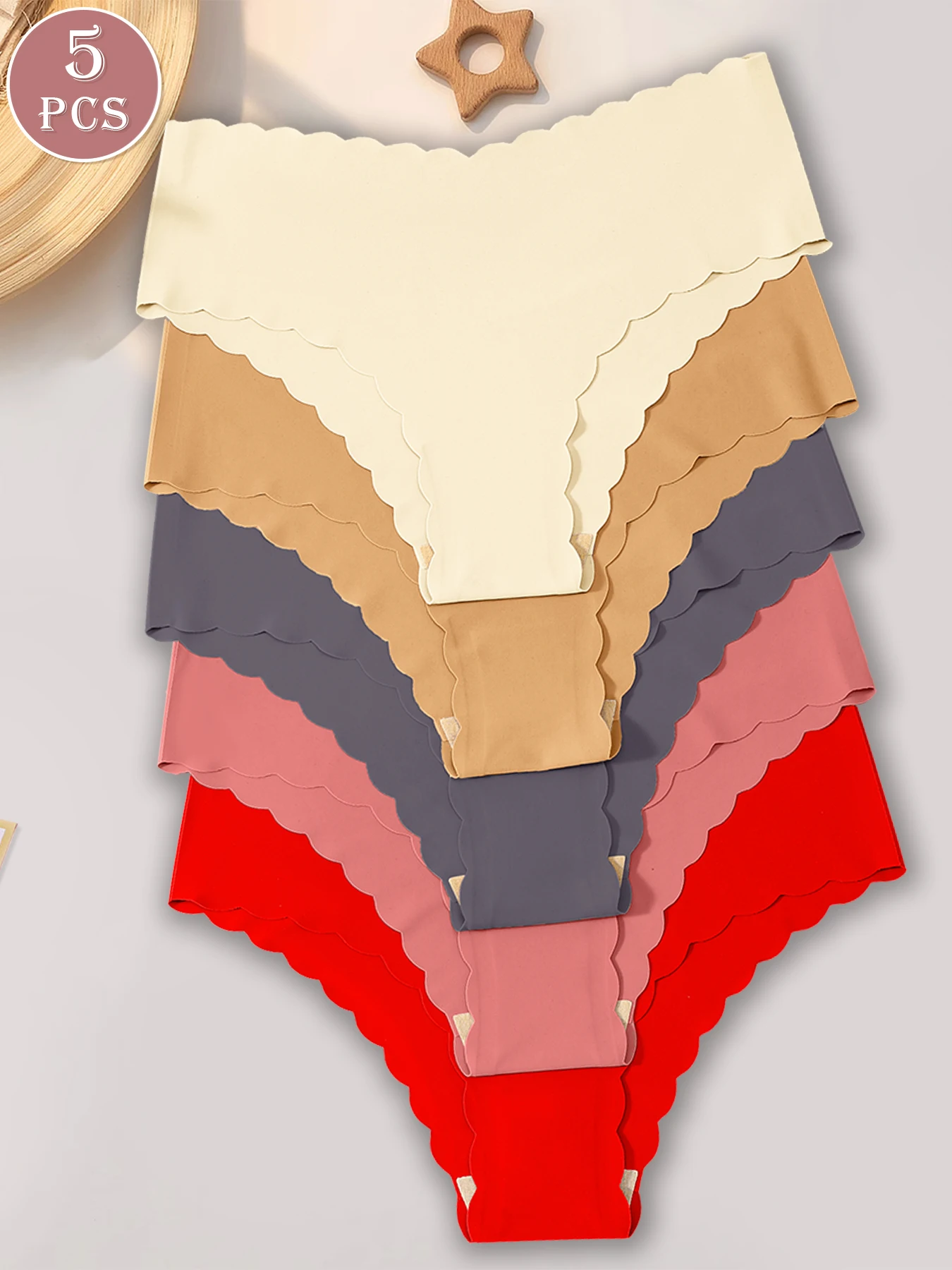 5er-Pack Damen-Slips mit hoher Taille, nahtlos, einfarbig mit gewelltem Rand, bequeme, unsichtbare Unterwäsche Image