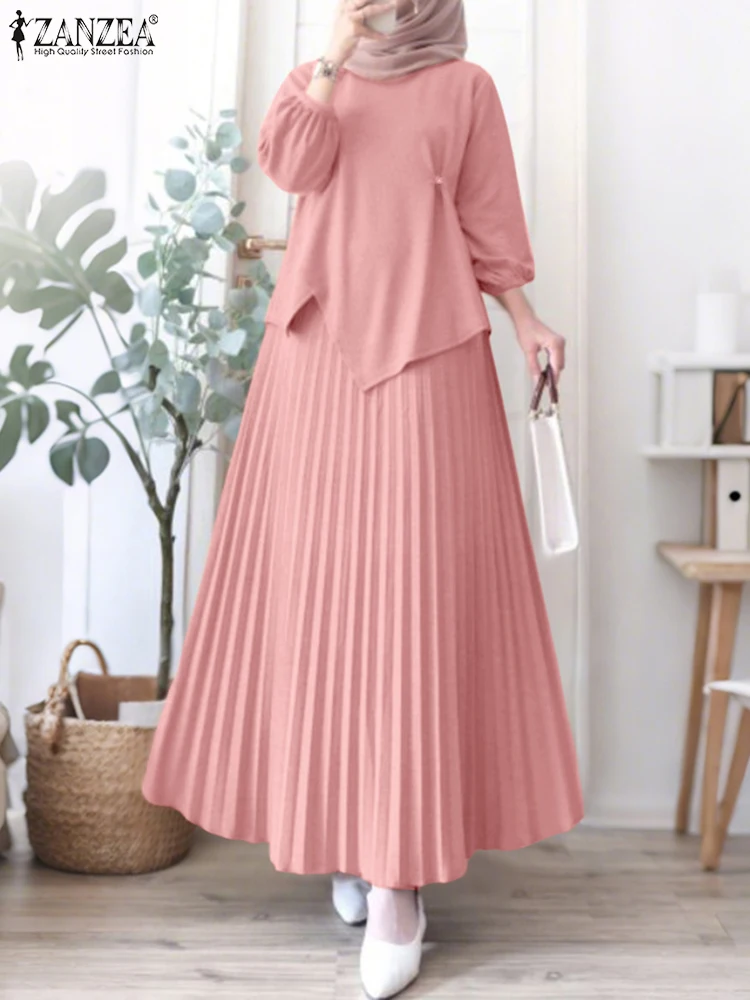 ZANZEA Elegante Frauen Herbst 2-teilige Sets Muslimischen Anzug Langarm Tops Kleid Sets Stilvolle Solide Arbeit Trainingsanzug Passenden Set 2025 Image