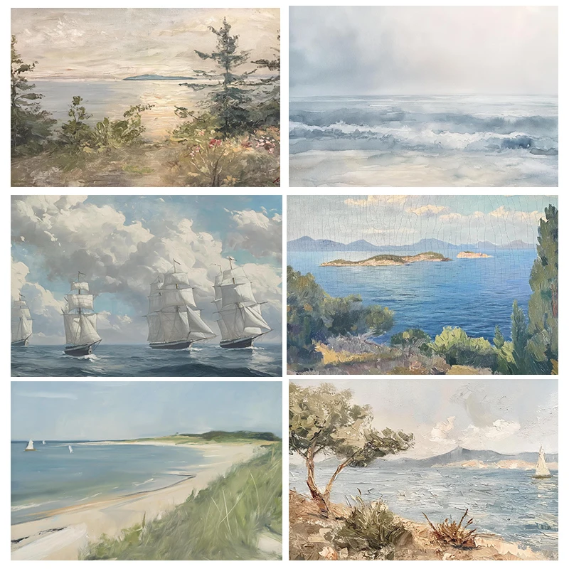 Sommer Meer Costal Landschaft Poster Vintage Strand Boot Moderne Drucke Leinwand Malerei Wand Kunst Bilder Hause Wohnzimmer Dekor