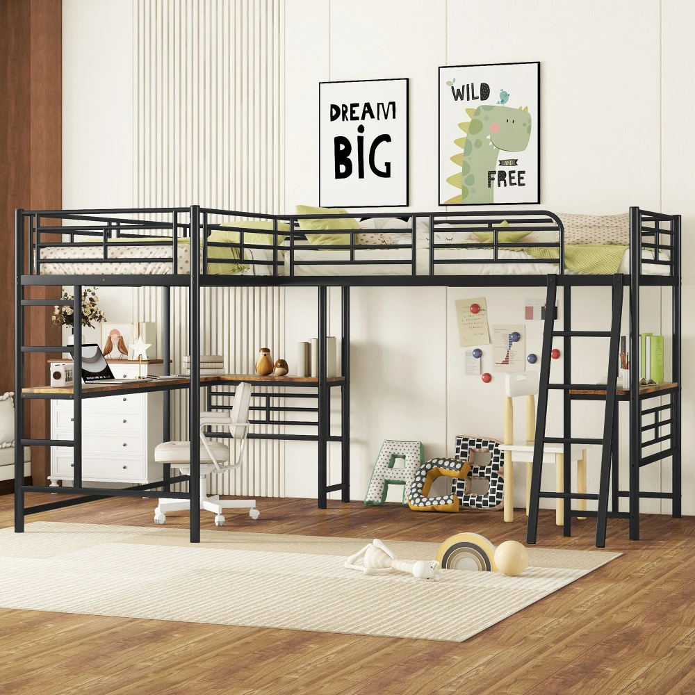 90x200cm Platzsparendes Hochbett für Kinder mit integriertem Schreibtisch & Doppelte Treppe, Sicherheitsgeländer, Robustes Kinder- und Jugendbett Image