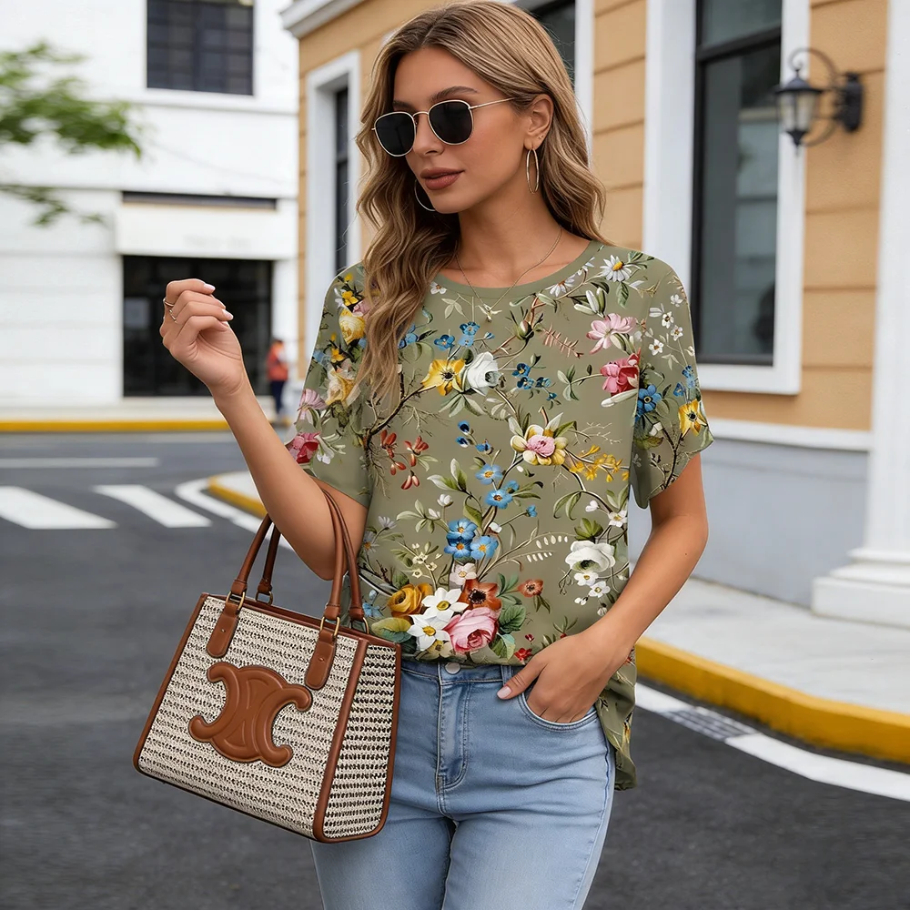Damen-T-Shirt mit Vintage-Blumendruck – locker sitzendes Sommer-Oberteil mit Rundhalsausschnitt Image