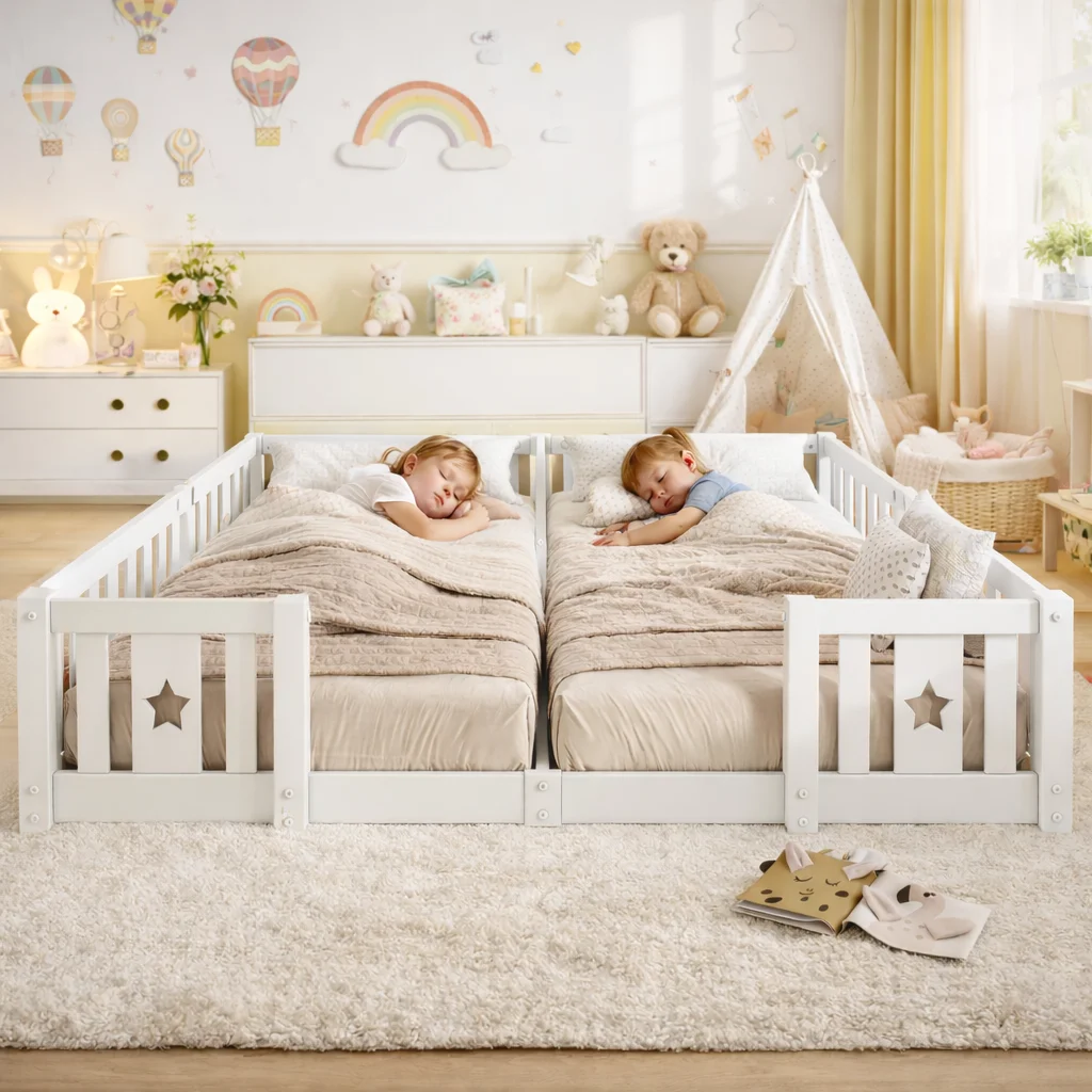 Montessori Kinderbett Bodenbett 180x200 cm mit Zaun und Rausfallschutz, Kiefernholz Hausbett Doppelbett für 2 Kinder Jungen Mädchen, Gitterbett Kinderbett ohne Lattenrost