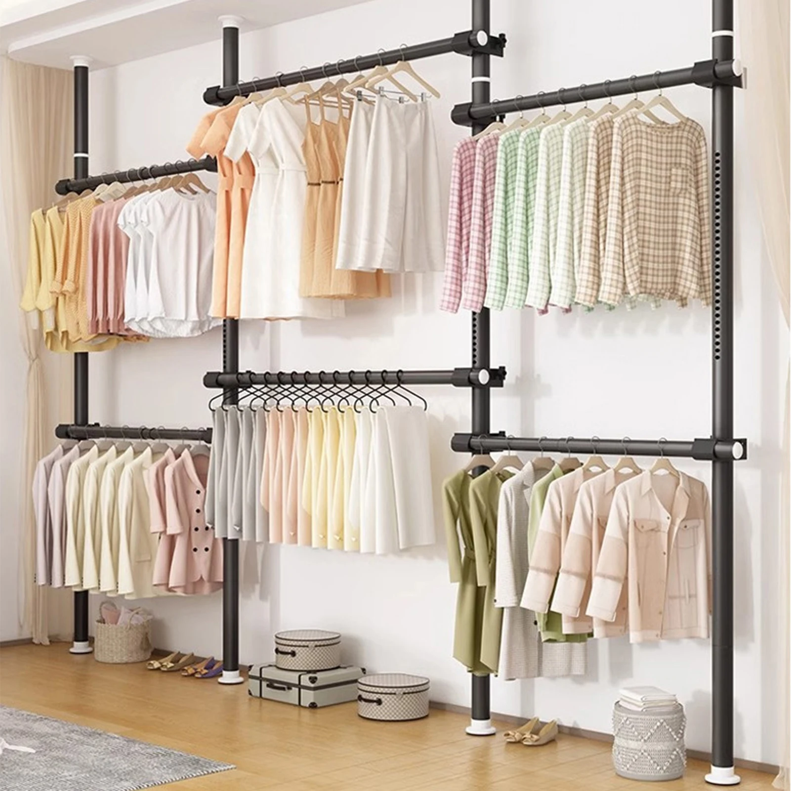 Robuste Teleskop-Kleiderstange aus Metall, offener Kleiderschrank mit 6 Kleiderstangen und modularem Aufbewahrungsregal, geeignet für Apartments, Hotels und Zuhause Image
