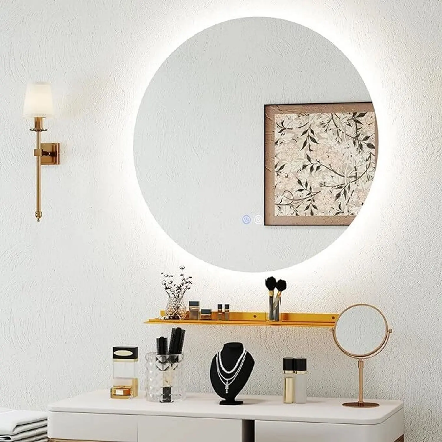 60 cm runder Badezimmerspiegel mit Beleuchtung, Touch-Schalter und Speicherfunktion, 3000 K–6000 K, Antibeschlag-Wandspiegel mit Ablage