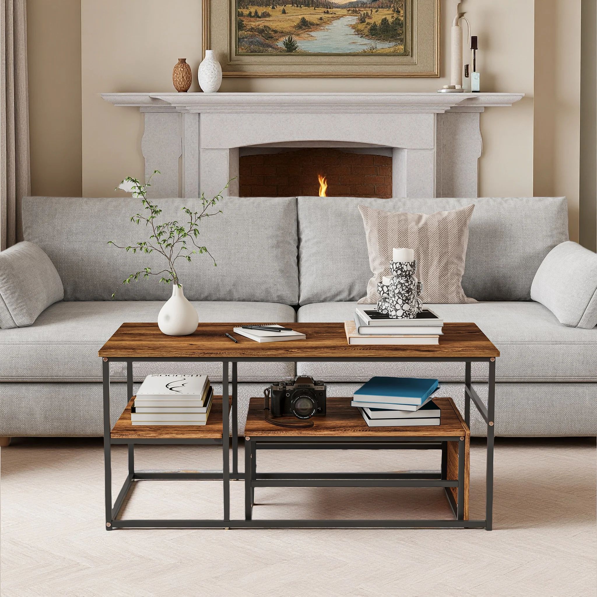 Comanlia 105 x 52 x 48,5 cm großer Couchtisch mit Metallrahmen, schwarzem Fuß, Beistelltisch, zwei Ebenen, moderner Stil, für das Wohnzimmer Image