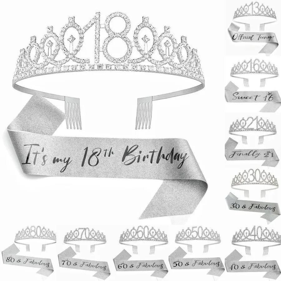 Geburtstags-Tiara Krone Schärpe für Frauen und Mädchen zum 13., 16., 18., 21., 30., 40., 50., 60., 70., 80. Geburtstag Party-Dekoration Geschenke Image