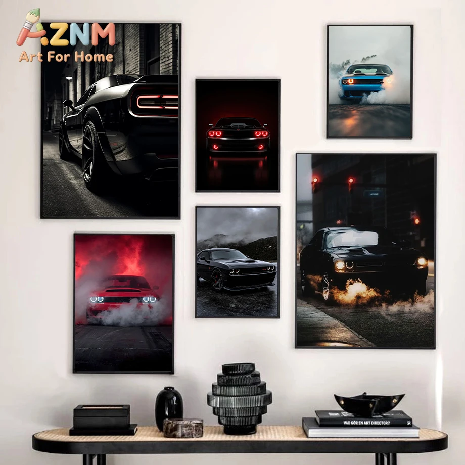 AZNM Dodge Challenger Muscle Car Moody Wandkunstdruck, ungerahmtes Leinwandposter, schwarz-rot-blaues Sportwagen-Poster mit Burnout-S-Design Image
