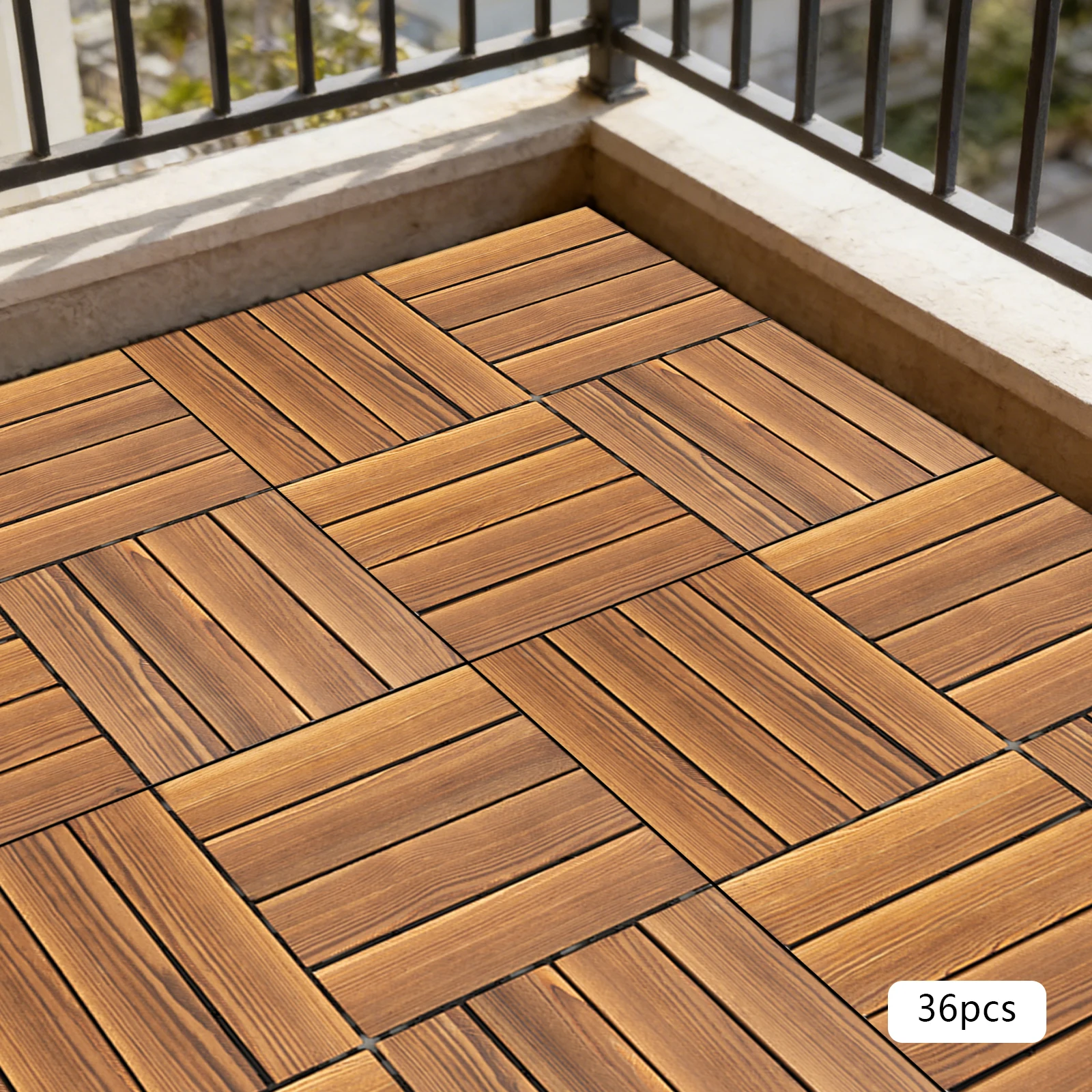36er-Pack 30x30cm Ineinandergreifende Terrassenfliesen, Lärchenholz PE Wasserdichter Outdoor-Bodenbelag, DIY Ineinandergreifende Bodenfliesen