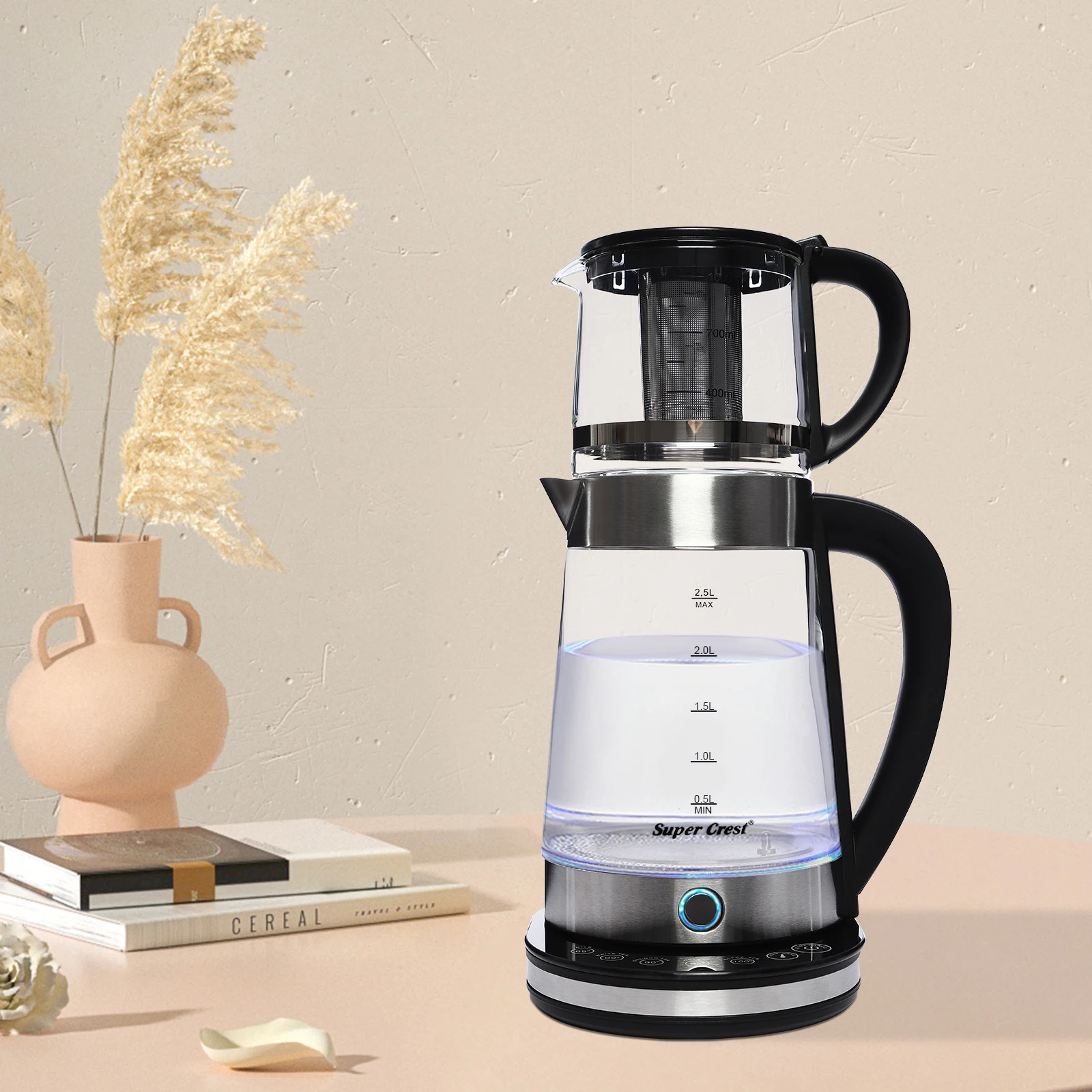 Elektrischer Wasserkocher mit Temperaturregelung 2-in-1 Doppel-Wasserkocher-Set 1500W 2,5L und 1L Fassungsvermögen Edelstahl Glas LCD-Display Image