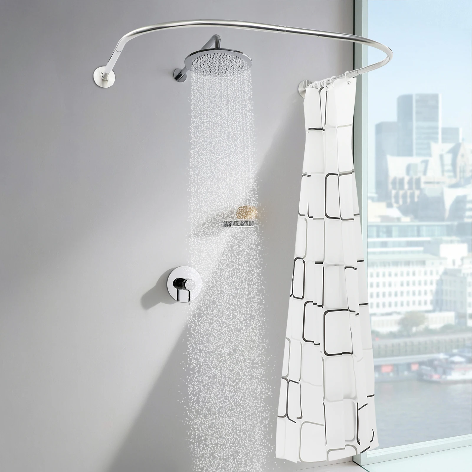 Edelstahl U-förmige Duschvorhangstange, mit Duschvorhang 2,4m*1,8m, für Badezimmer, Toilette, Ankleidezimmer, Fenster