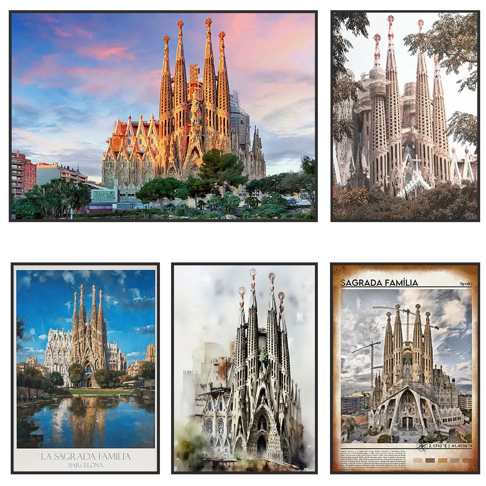 Sagrada Familia Tempel Spanien Barcelona Landschaft Leinwanddruck Gemälde Kunst Römisch-Katholische Kirche Gaudi-Architektur Raumdekoration