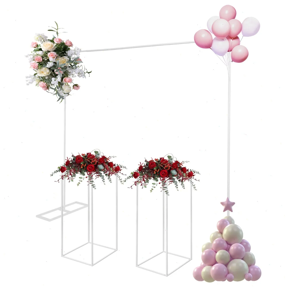 2*2m Hochzeitsbogen mit 2 Stück 27*80cm Quadratischen Blumenständern, Hochzeitsständer, Zeremonienbogen, Ballonbogen-Set zur Dekoration Image