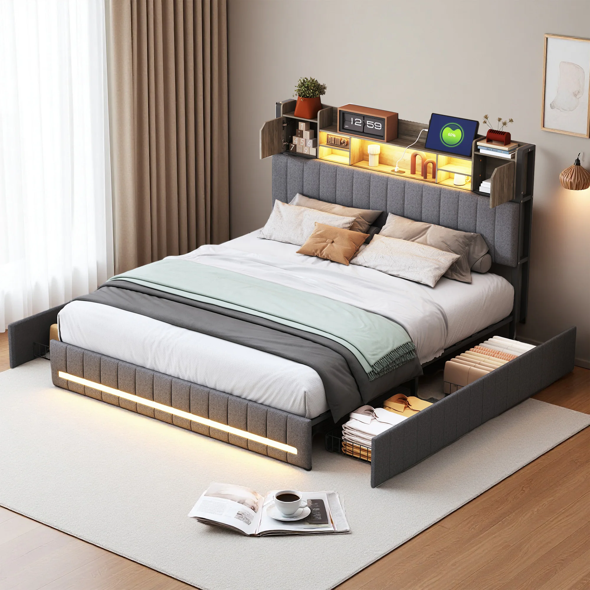 Comanlai Polsterbett 140x200cm, Doppelbett mit 4 Schubladen, Jugendbett mit LED & USB, Stauraumbett, gepolsterter Bettrahmen, Leinen, Grau Image