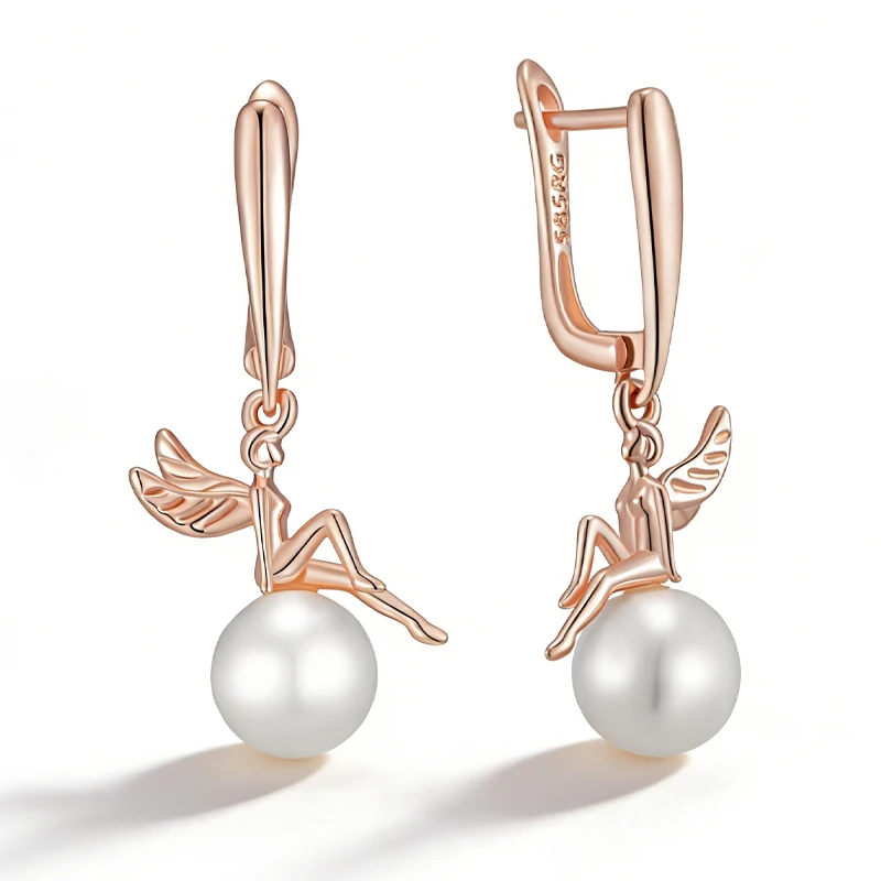 Kinel Luxus 585 Roségoldfarbene Engel-Perlen-Tropfenohrringe für Damen Mode Brautaccessoires Hochzeitsschmuck 2026 Neu Image