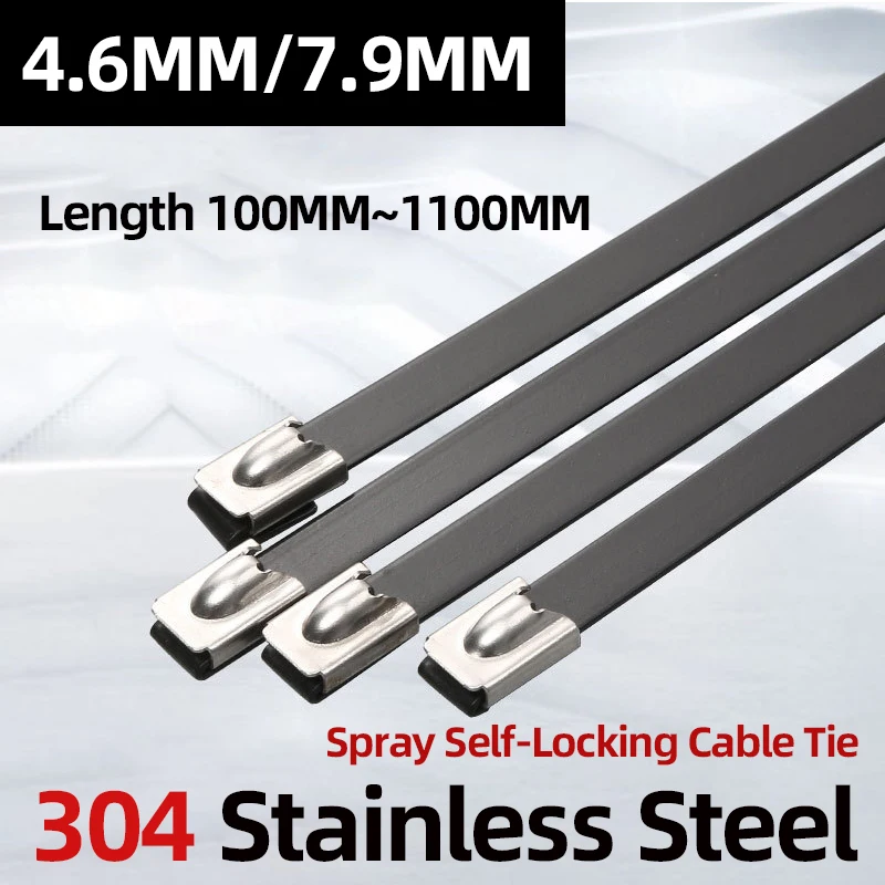 100 stücke Edelstahl 304 Kabelbinder 4,6 MM 7,9 MM Breite 100-1 100mm SCHWARZ Selbst-locking Voll Gesprüht Metall Krawatten Anpassbare Image