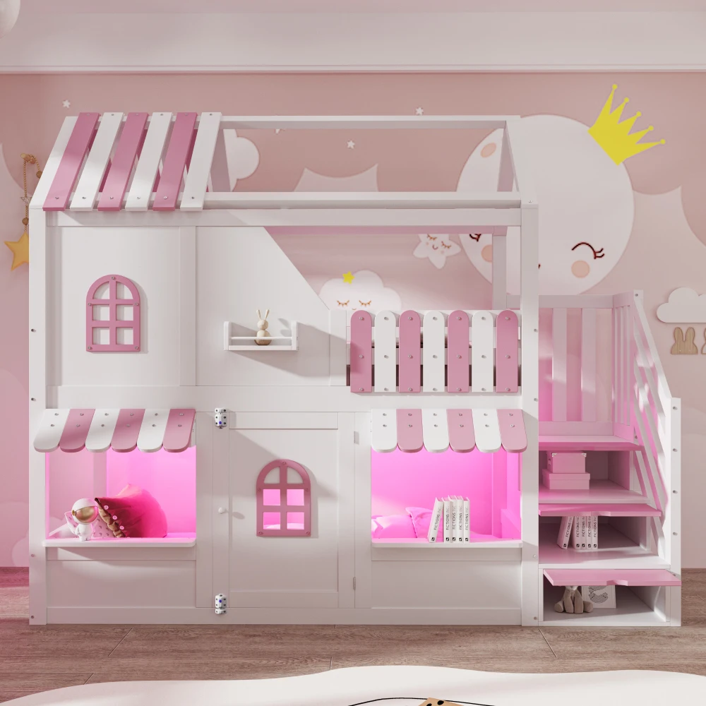 90x200cm Kinder-Etagenbett, Hausförmiges Design mit Fenstern, Dachgeländer, Geländer und Tür, mit Aufbewahrungsfach, LED-Beleuchtung Image