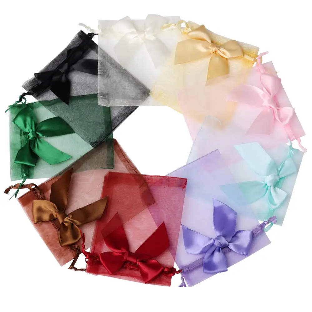 10 stücke/20 stücke 9x12 10x15 13x18 cm Neue Design Bogen Organza Beutel schmuck Süßigkeiten Verpackung Tasche Hochzeit Party Geschenk Lagerung Kordelzug Beutel Image
