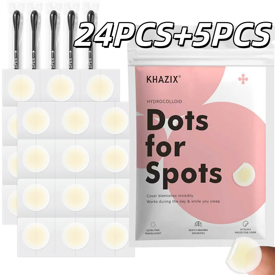 24 Stück Hydrokolloid-Akne-Pflaster, begleitet von 5 Mitesser-Wattestäbchen, zur Kaschierung von Akne-Makeln. Image