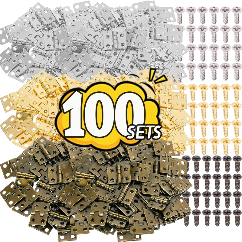 10/100er-Sets Mini-Scharniere mit Schrauben, Holzkisten-Metallscharniere, 180-Grad-Möbelscharniere für Schränke, Schubladen, DIY-Dekoration Image