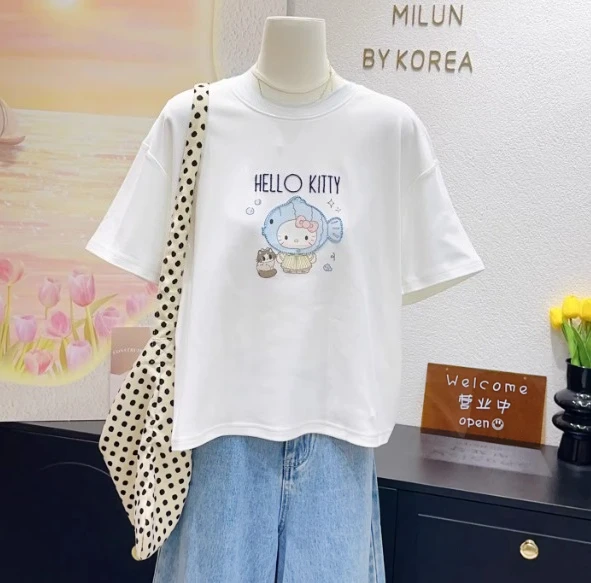 Sanrio 2026 Summer Comic Form Hello Kitty Image 100 % Baumwolle bedrucktes Freizeit-T-Shirt für Erwachsene und Kinder, Eltern-Kind-Oberteil, Homewear, Y2k.